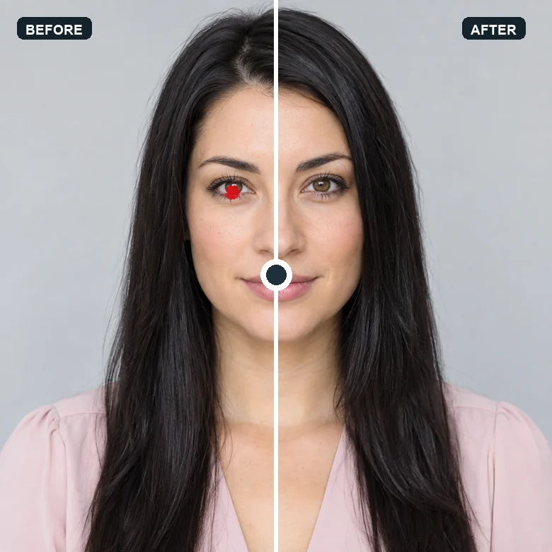 Woman shown with red eyes on one half of the face and natural eyes on the other