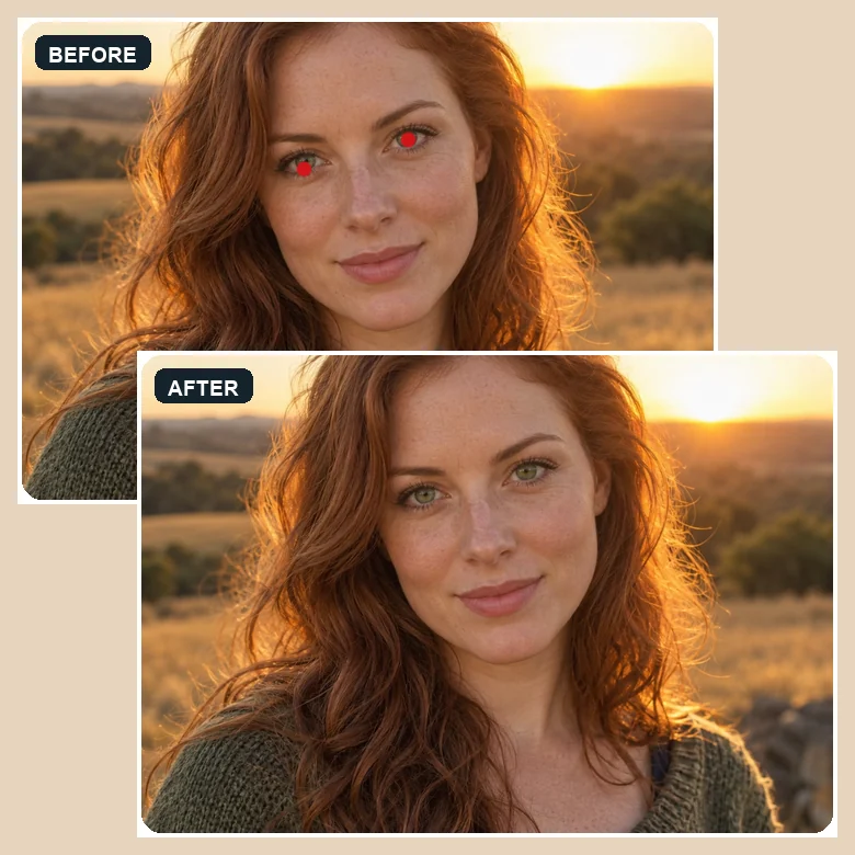 Woman at sunset with red eyes before and natural green eyes after