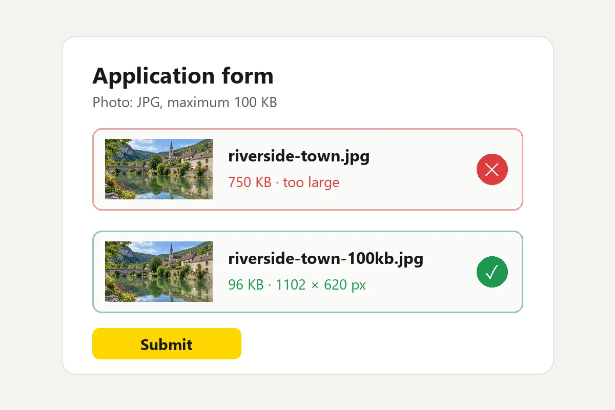 Upload form with a 100 KB limit: the 750 KB photo is rejected and the 96 KB compressed copy is accepted