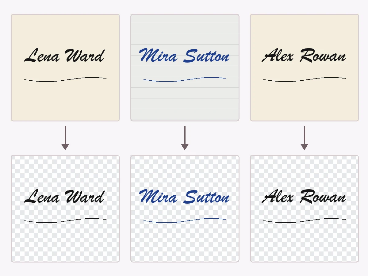 Three signatures in black and blue ink on different papers, each cleaned onto a transparent background