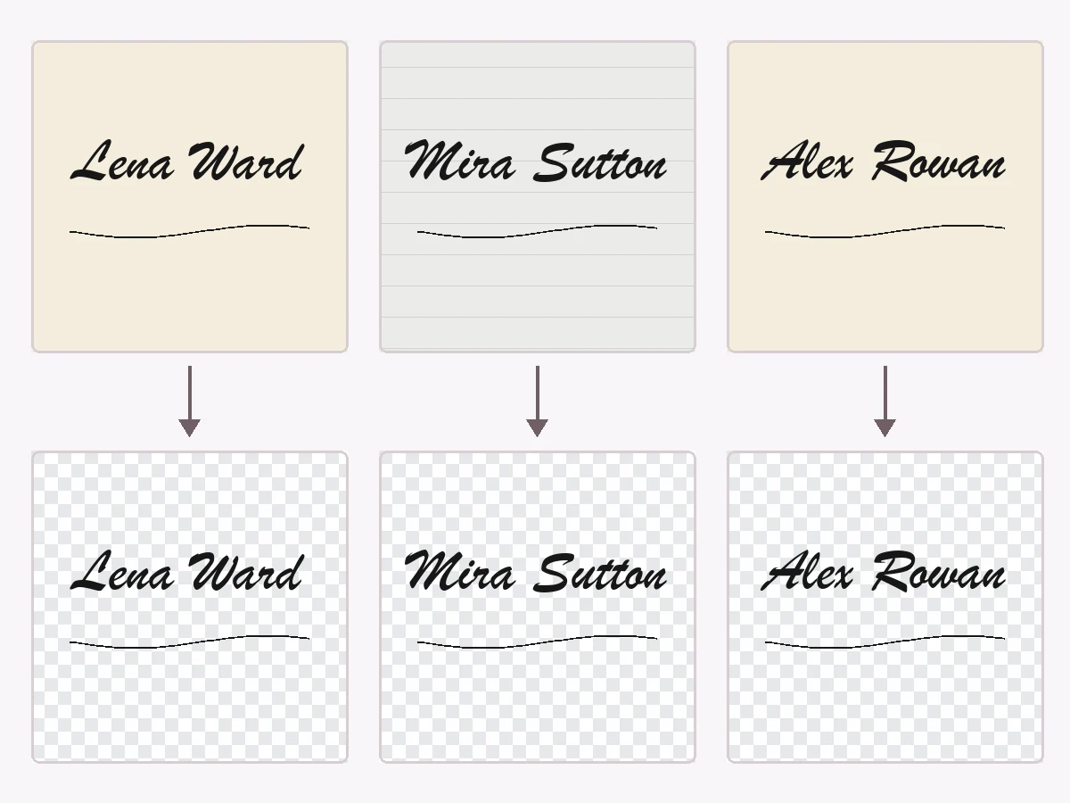 Three handwritten signatures on paper and the same signatures cleaned onto transparent backgrounds