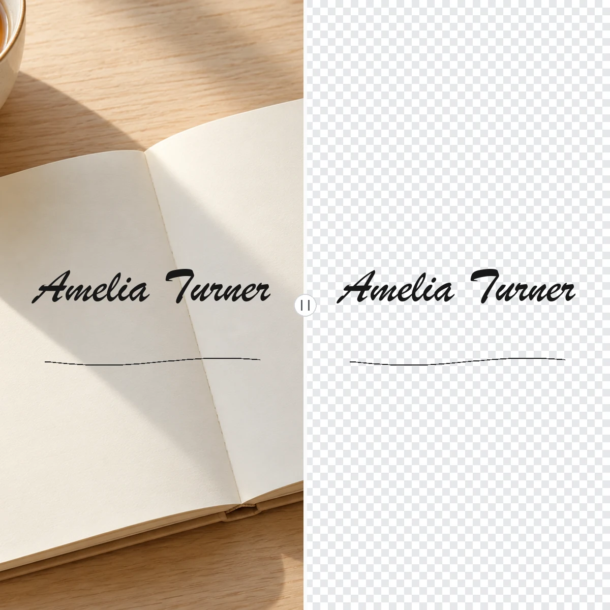 Signature written across an open notebook next to a cup, then isolated on a transparent background
