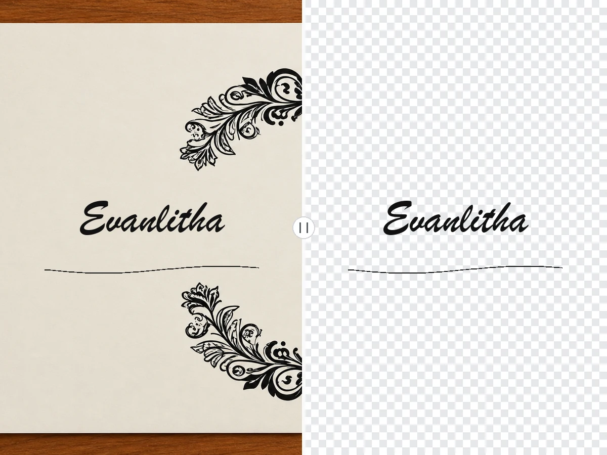 Calligraphy signature on a framed card, then shown on a transparent background