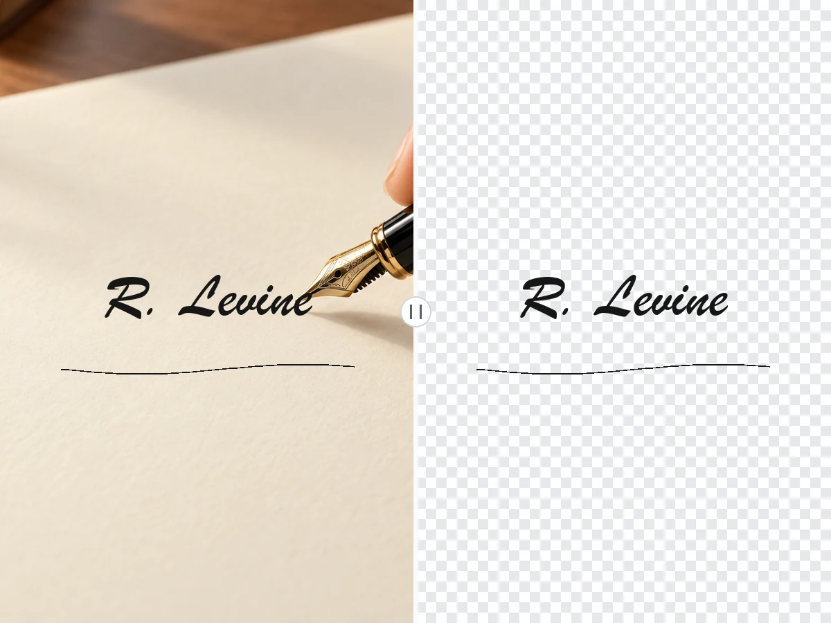 Hand signing with a pen on paper, and the finished signature with thin strokes kept on transparency