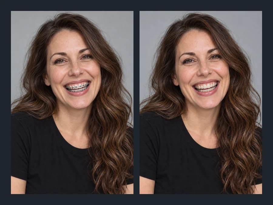 Smiling woman with braces next to the same selfie with no braces