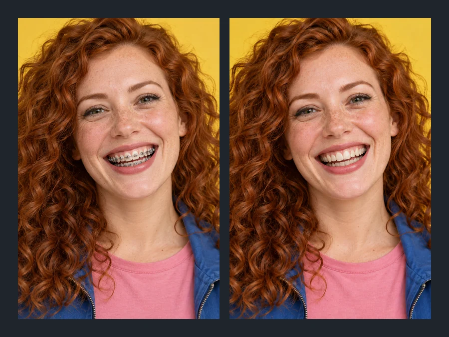 Close-up of a smile with metal braces and the same teeth after the braces were removed