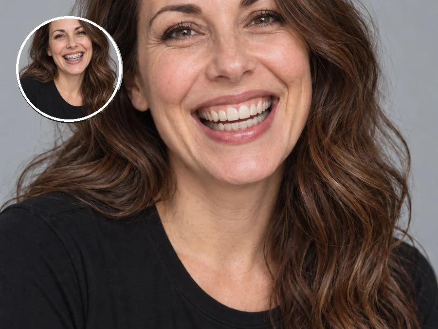 Smiling woman with no braces, with a small inset of the original photo with braces