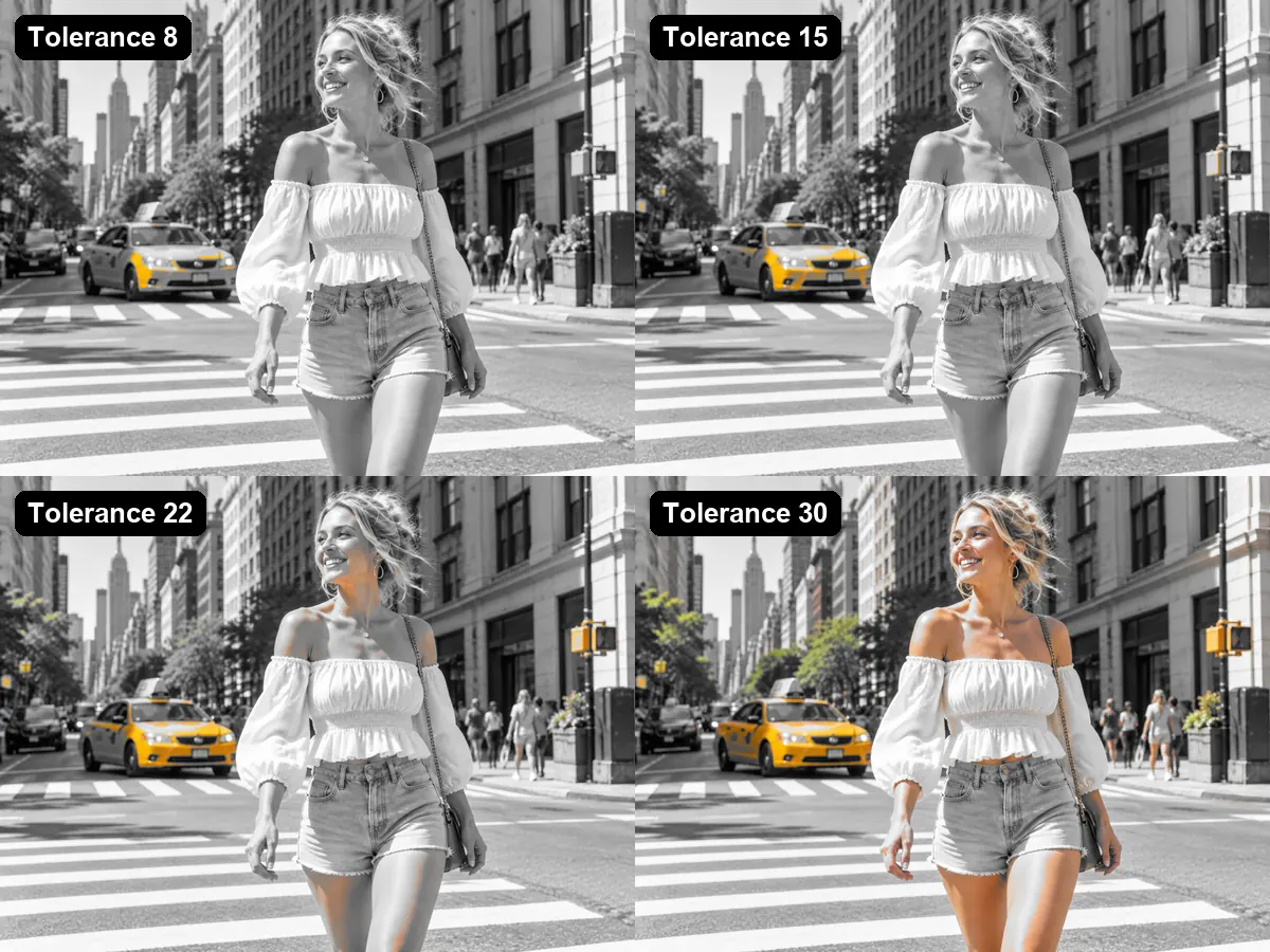 The same color splash photo at tolerance 8, 15, 22, and 30