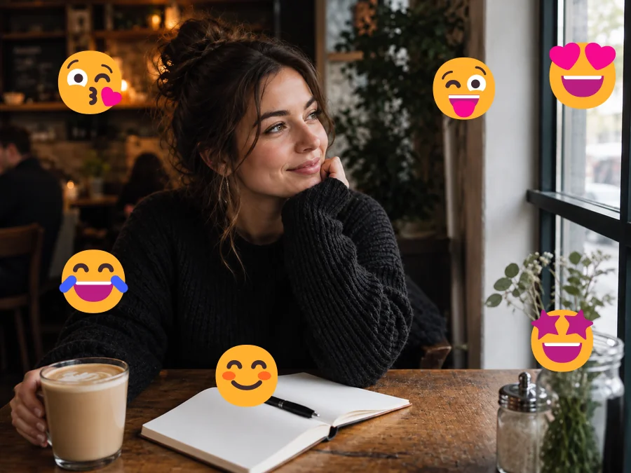 Drag to compare the café photo with emojis and the cleaned version (before)