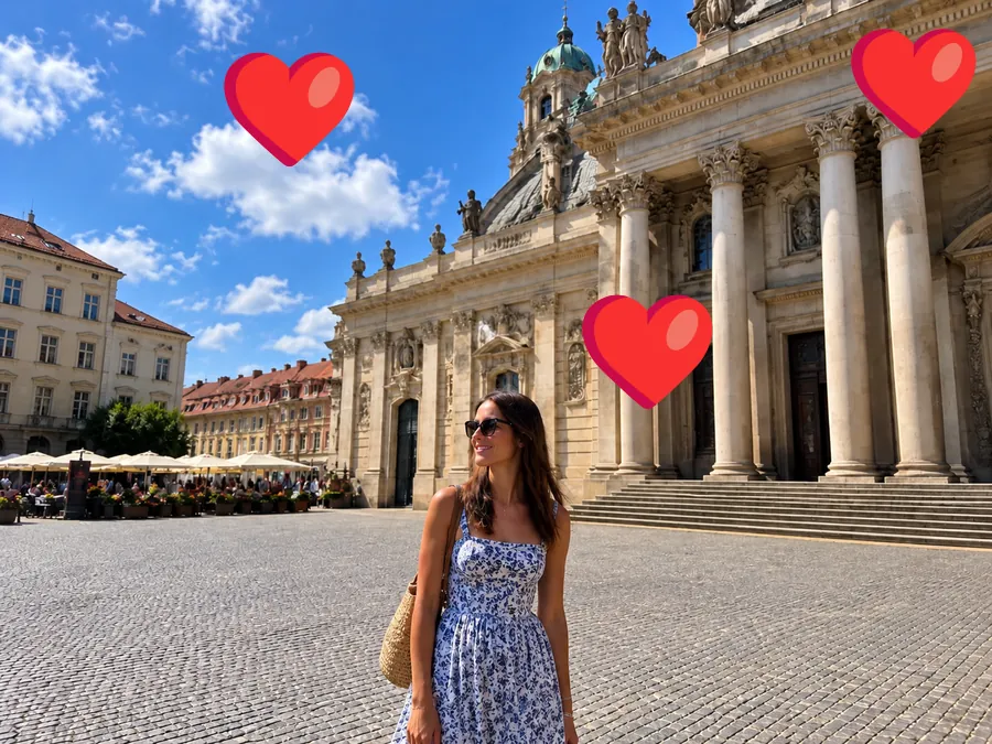 Drag to compare the travel photo before and after removing the heart emojis (before)