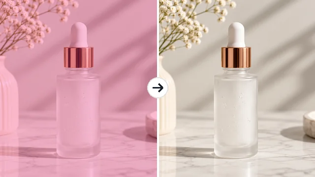 Skincare bottle with a pink tint before and neutral white tones after