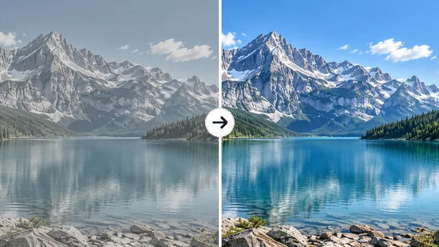 Mountain lake with a faded filter on the left and vivid natural colors on the right