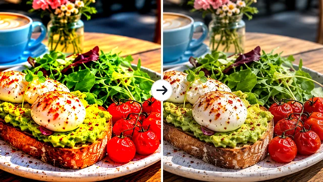 Avocado toast plate with over-saturated colors before and balanced colors after