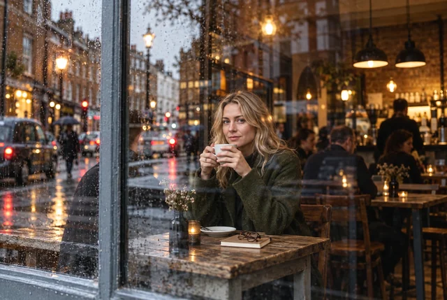 Drag to compare the café window shot before and after reflection removal (before)