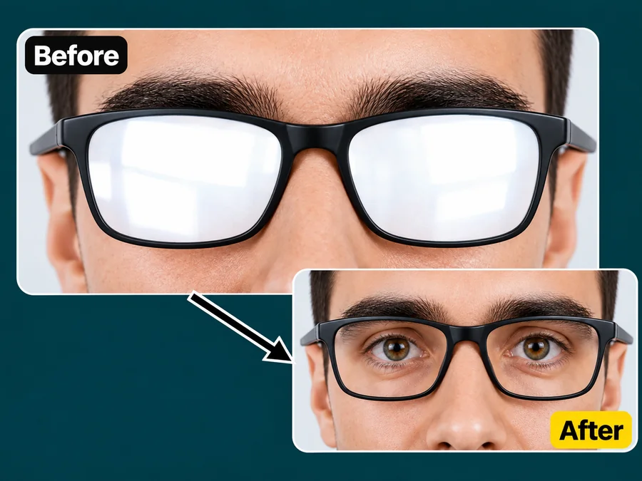 Man in glasses with white lens glare before and clear lenses after glare removal