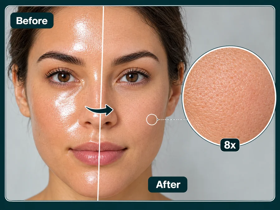 Face with flash hotspots on one side and matte skin with visible pores on the other