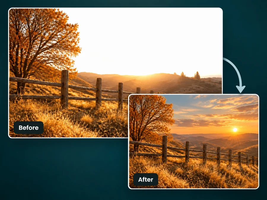 Autumn landscape with a blown-out sky recovered to show the sunset and horizon