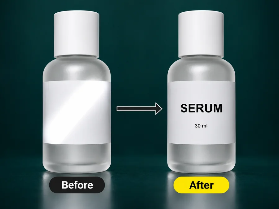 Serum bottle with a hard glare streak before and a readable label after