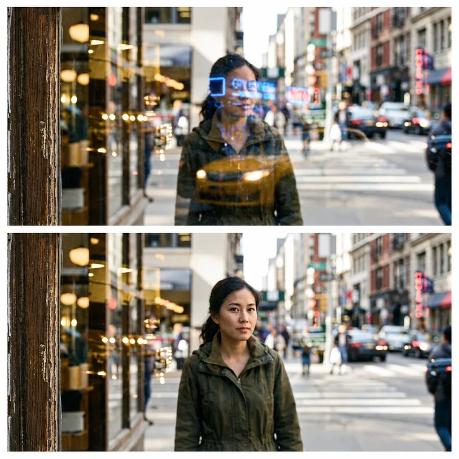 Street portrait shot through a window, with reflections on top and the cleaned photo below