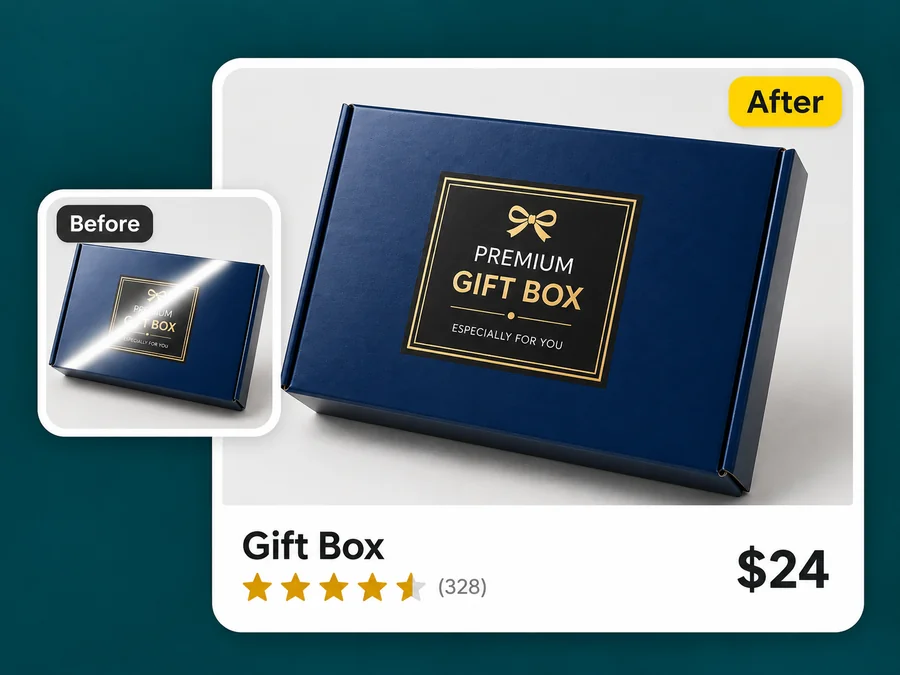Gift box listing photo with a light streak removed