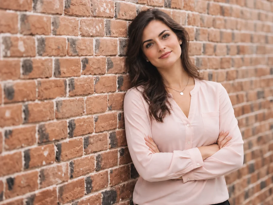 Drag to compare the woman by the brick wall with and without glasses (after)