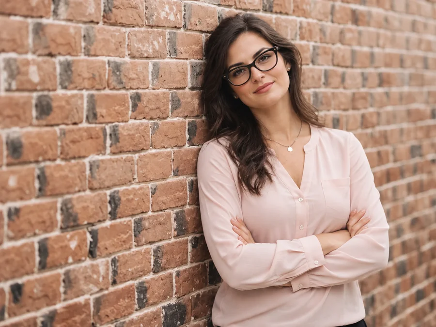 Drag to compare the woman by the brick wall with and without glasses (before)