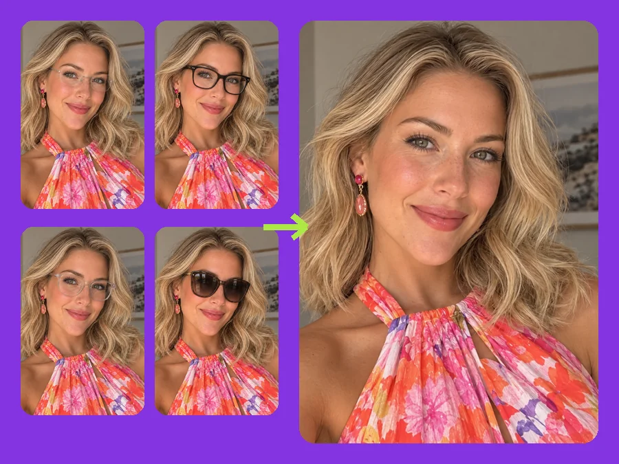 Four glasses styles on the same woman and the glasses-free result