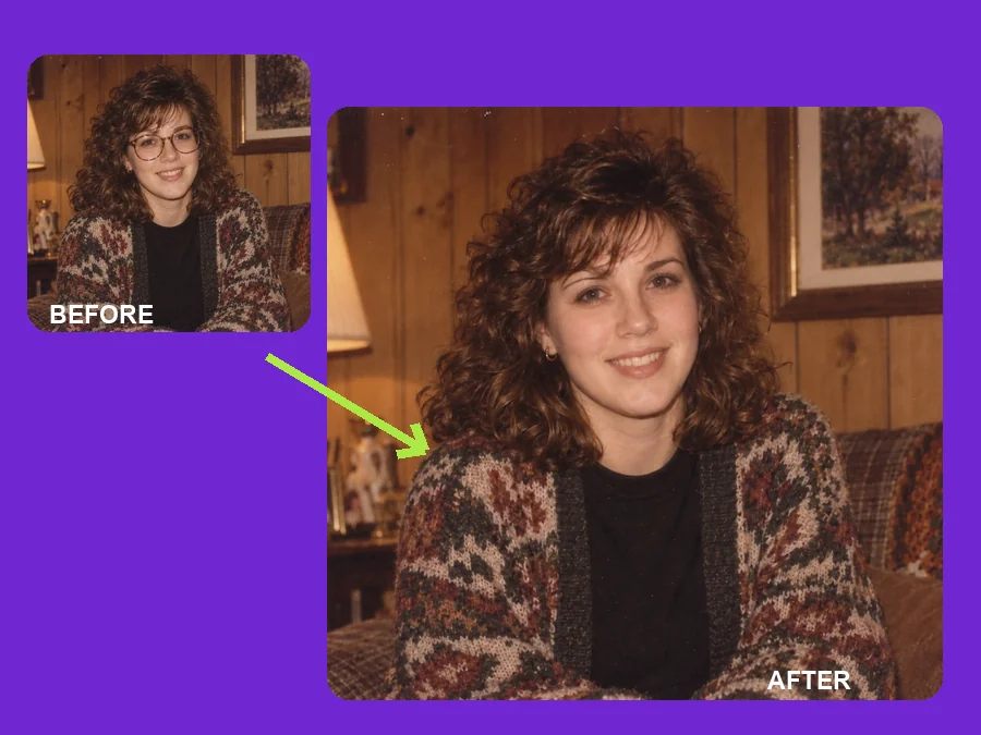 Vintage portrait of a girl before and after removing her glasses