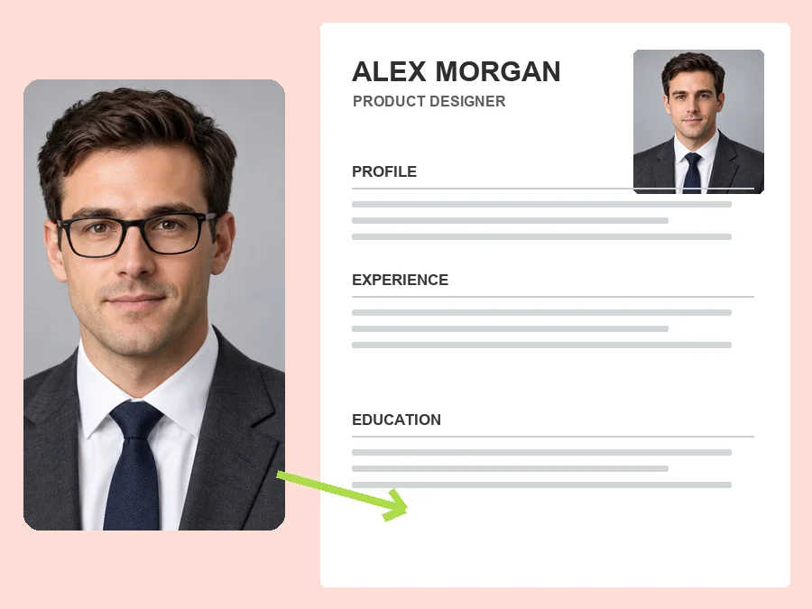 Headshot with glasses next to a resume using the glasses-free version