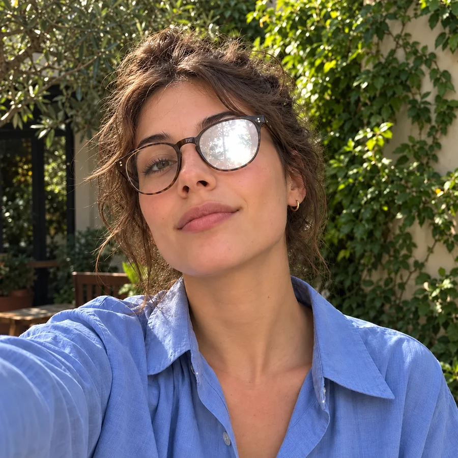 Drag to compare the selfie with glasses glare and the clear-lens version (before)