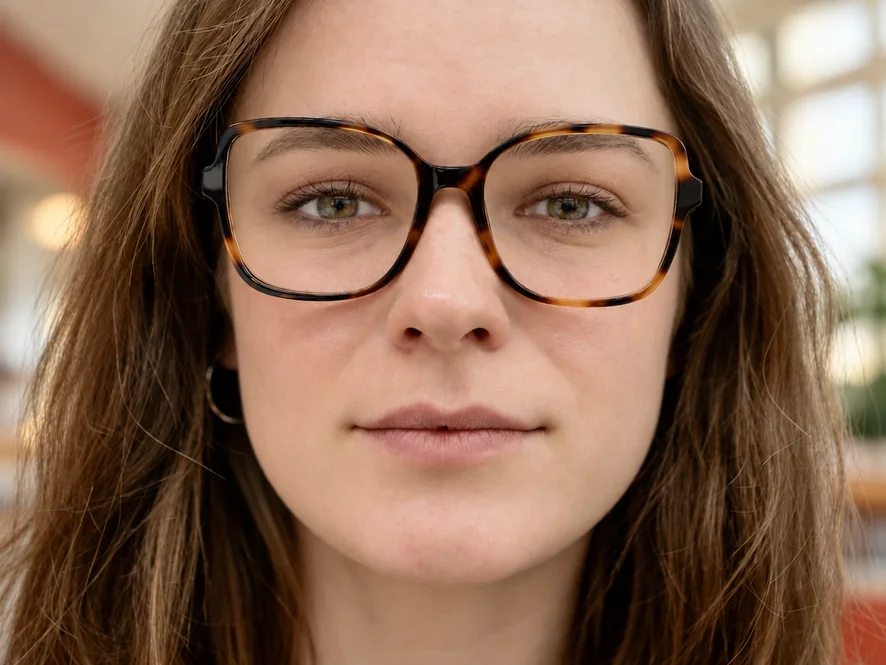 Drag to compare the portrait before and after removing window reflections from the glasses (after)