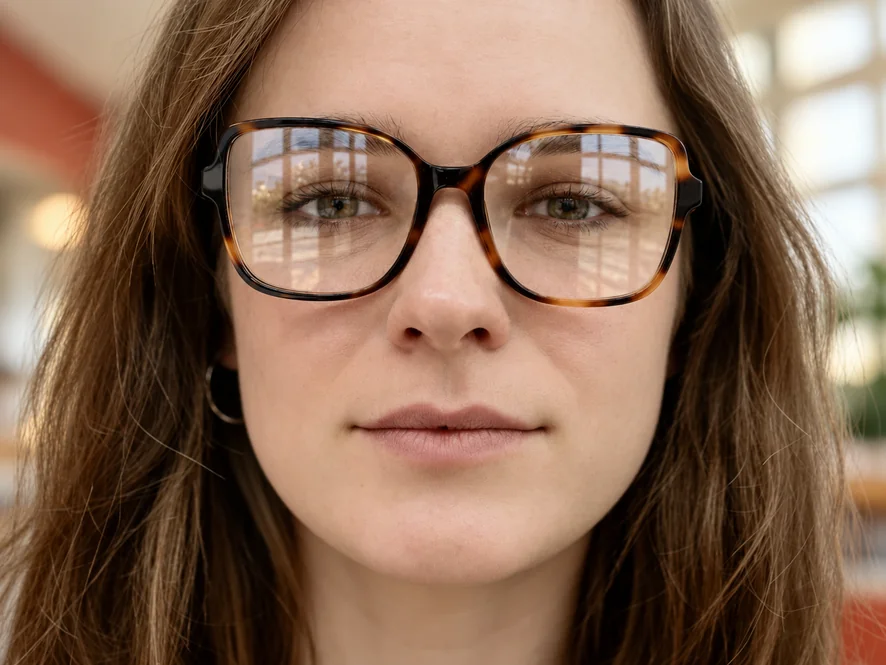 Drag to compare the portrait before and after removing window reflections from the glasses (before)