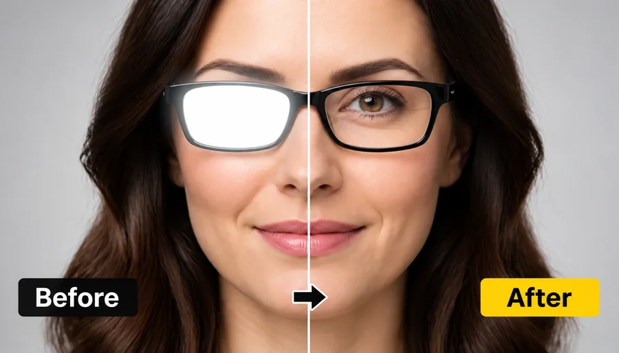 Woman in black glasses, left half with lens glare and right half with clear lenses