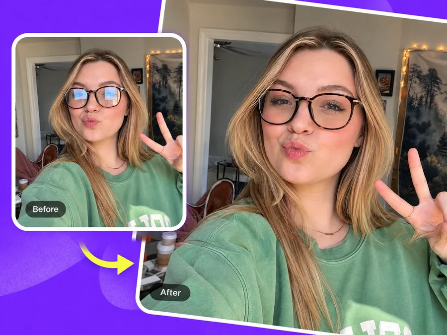 Selfie of a young woman in glasses with lens reflections before and clear lenses after