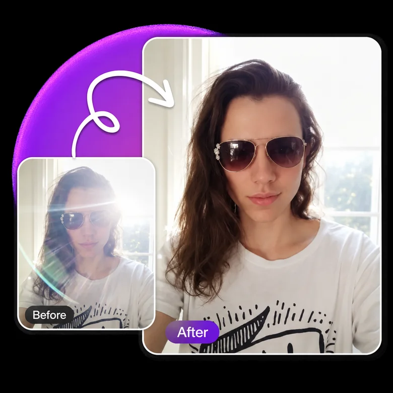 Woman in aviator sunglasses with sun glare before and a clean result after