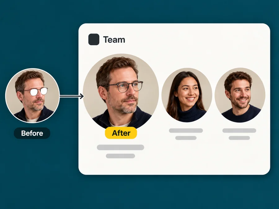 Team page with a headshot of a man in glasses, before with lens glare and after with clear lenses