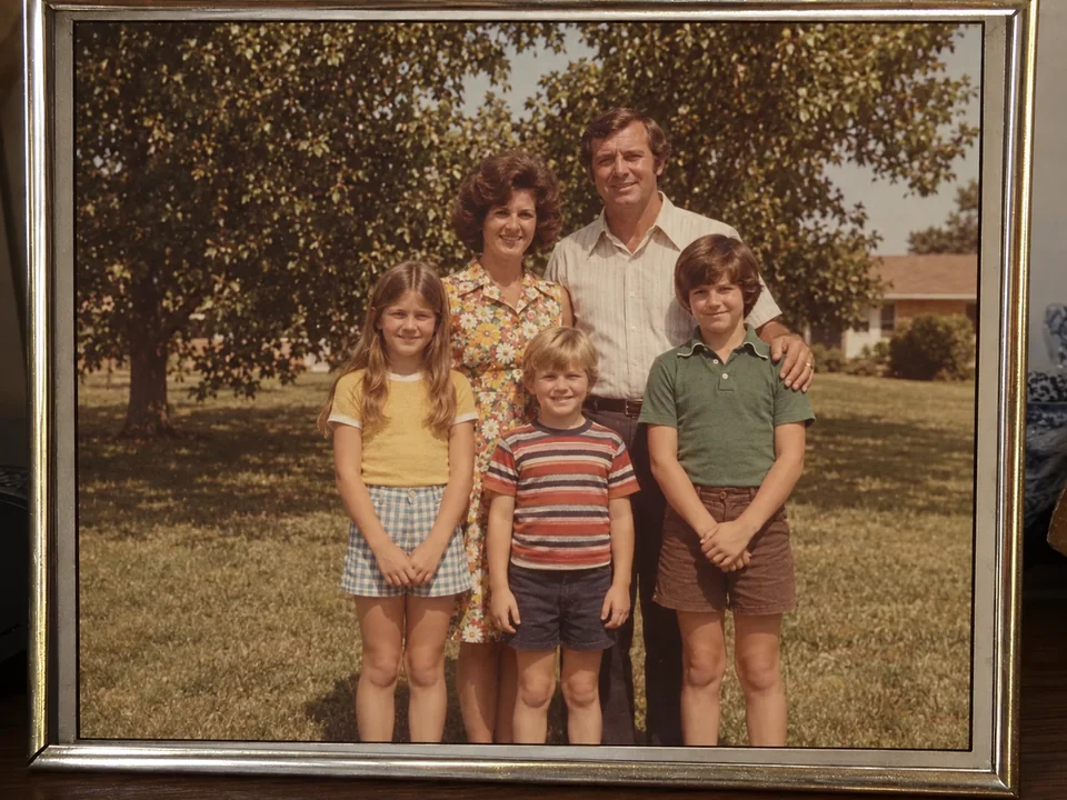 Drag to compare the framed family photo with window reflections and the cleaned photo (after)