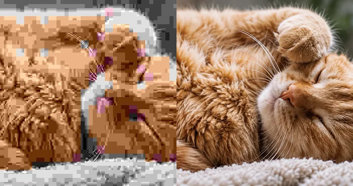 Close-up of a cat photo with JPEG blockiness next to the cleaned version