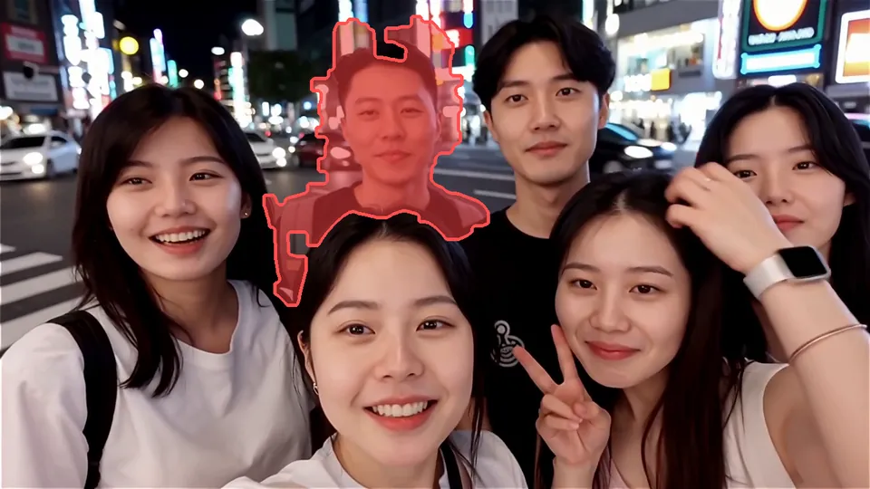 First frame of the selfie video with the background person highlighted in red as the object to remove