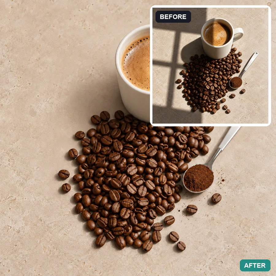 Coffee cup and beans flat lay with a dark shadow in the before inset and even light after