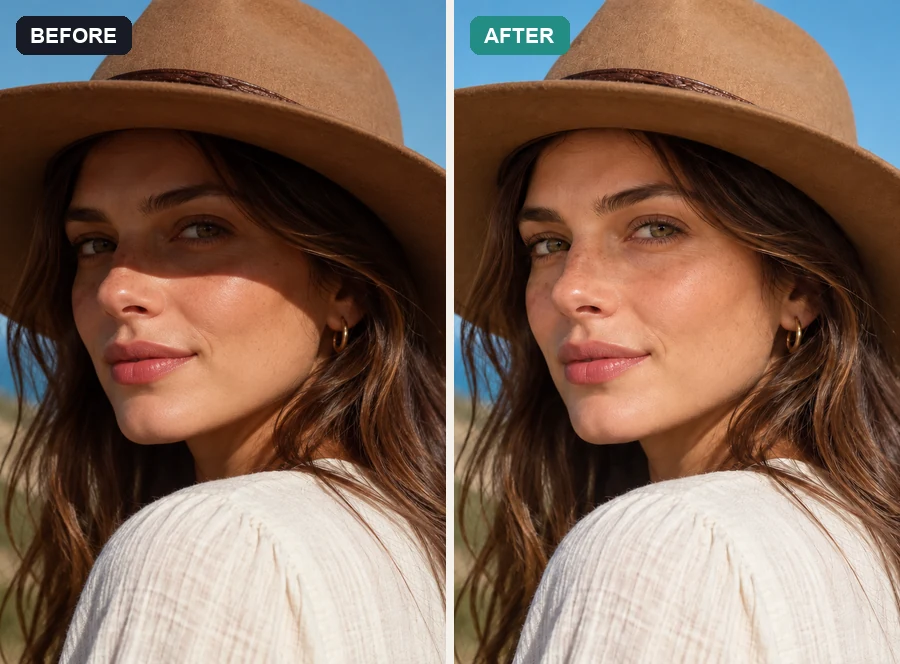 Woman in a straw hat with a facial shadow and a magnified loupe showing the clean result