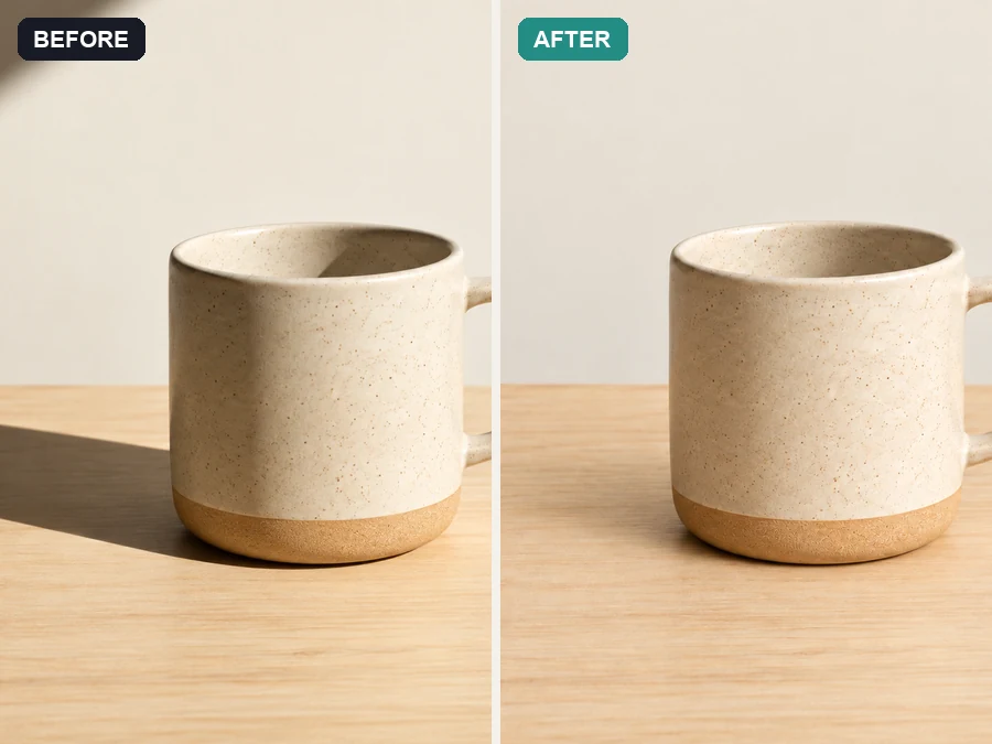 Ceramic mug with a hard table shadow before and a listing-ready product card after