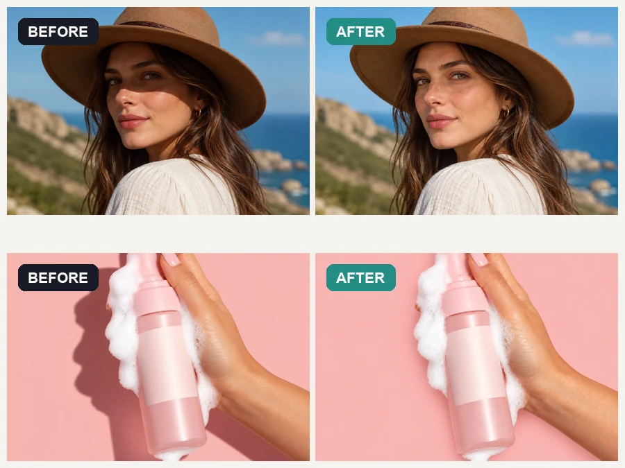 Portrait and serum bottle shown with shadows and after one-click shadow cleanup