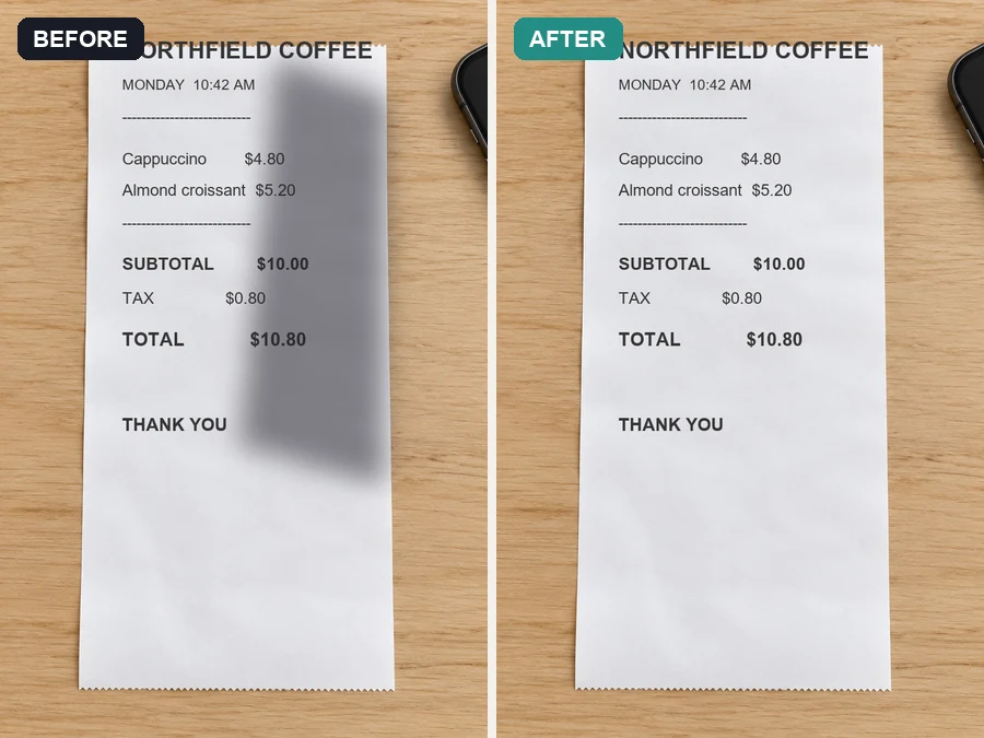 Coffee shop receipt with a phone shadow across it before and a clean scan after