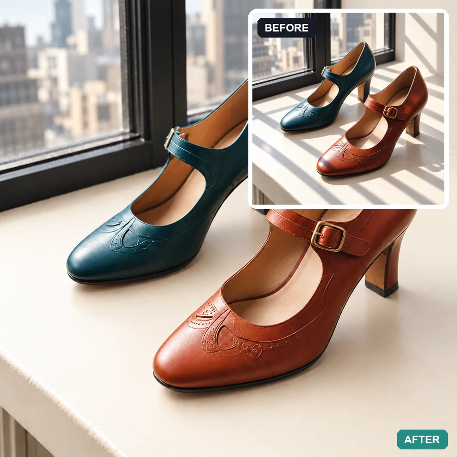 Pair of shoes on a windowsill with harsh window shadows before and soft even light after