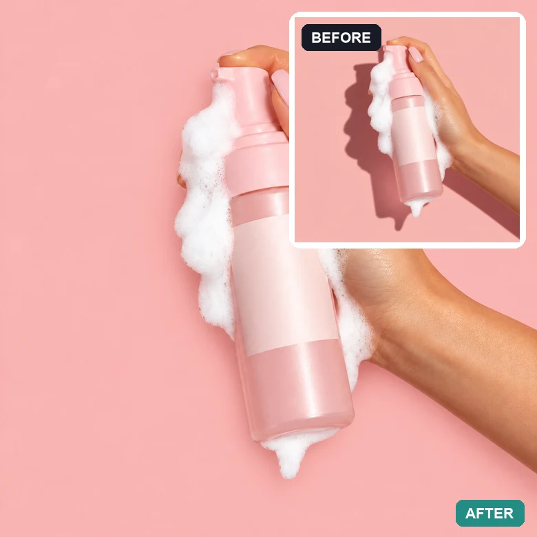 Pink skincare spray bottle with a hand shadow before and even light after