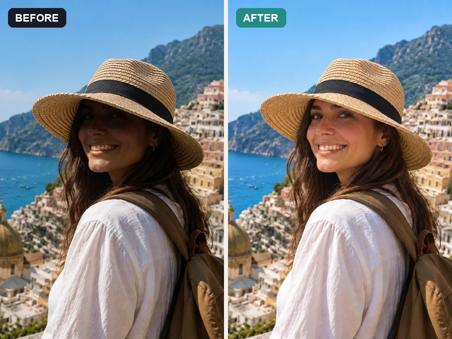 Traveler in a hat on a coastal terrace, shadowed face before and brightened face after