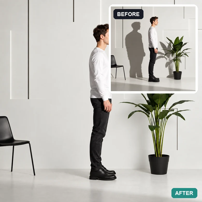 Man standing by a white wall with a large shadow before and a clean wall after