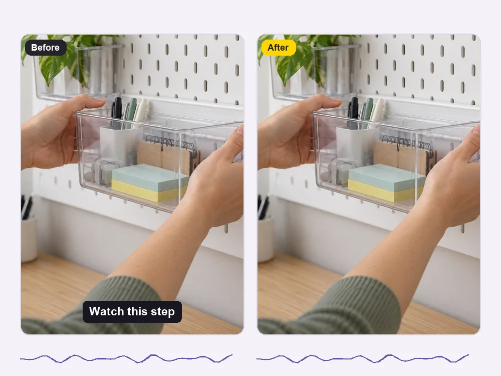 Product clip with captions on the left and the clean version on the right, with matching audio waveforms