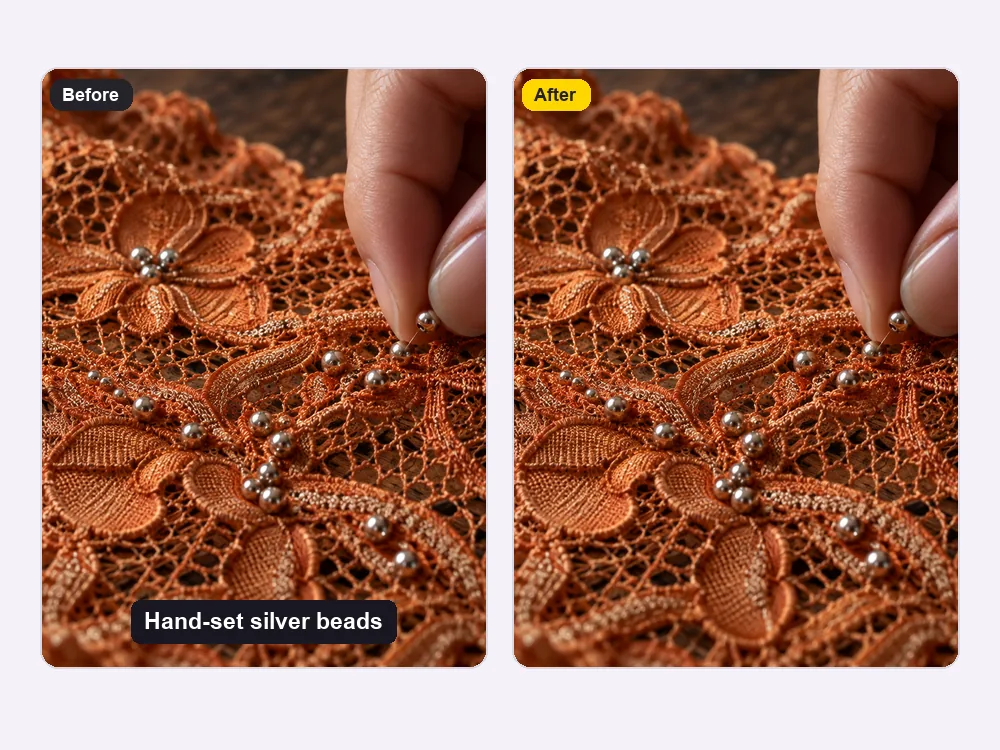 Close-up of silver beads on lace with the caption removed and the texture rebuilt